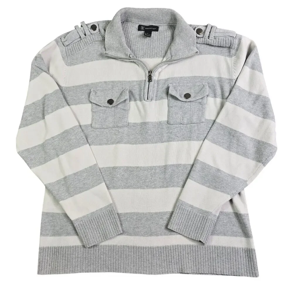 Vintage Y2K 1/4 Zip Striped Sweater Women's Large Gray White Classic Preppy Knit